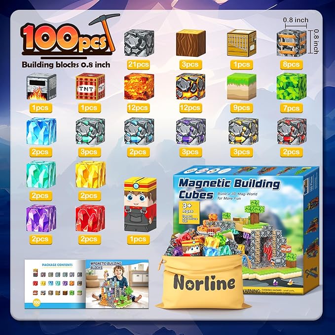 100PCS Magnetic Blocks Building Toys, STEM Learning Sensory Toys for Kids Age 3-5 4-8 5-7 8-12, Gem Cave Adventure Mine Magnet World Craft, Christmas Game Gift for for 3+ Years Old Boys Girls(0.8")