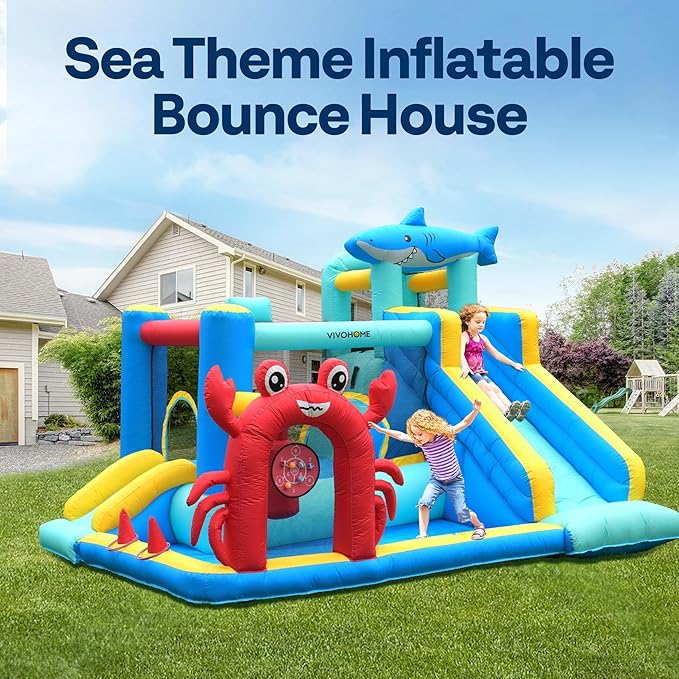 VIVOHOME 7 in 1 Bounce House for Kids, Sea Theme Inflatable Bouncy Castle with Slide, 12x10 FT Inflated Bouncer for Outdoor with Blower, Basketball, Climb, Jump Area, Ball, Water Pool, Hoop