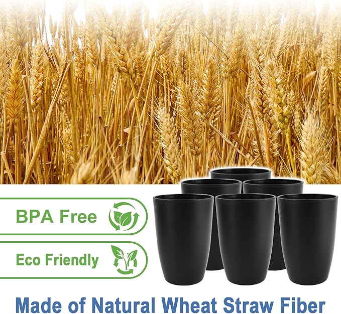Wheat Straw Cups 20 OZ Set of 6, Unbreakable Drinking Cup Reusable, Alternative to Plastic Cups Reusable, Dishwasher Safe Drinking Glasses for Kitchen Water Tumblers (Black)