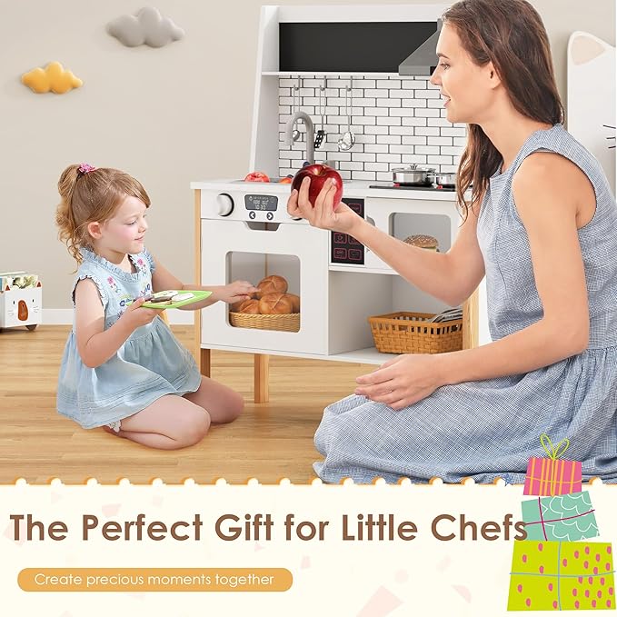 DlandHome Kids Kitchen Playset, Pretend Kitchen Playset with Real Lights & Sounds, Chef Pretend Play Set with Sink Oven Microwave, Ideal Role Play Toy Gift for Toddlers and Kids Ages 3+, White