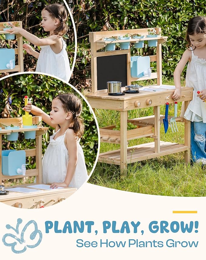 ROBOTIME Mud Kitchen for Kids Outdoor, Wooden Outdoor Play Kitchen with Accessories, Kid Kitchen Playset for Backyard Pretend Cooking or Planting, Toy Kitchen for Imaginative Play Boys Girls Ages 3+