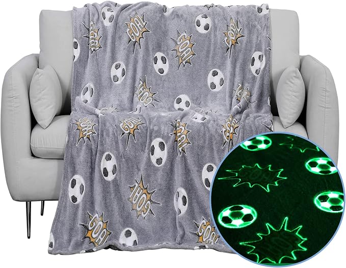 Soccer Glow in The Dark Blanket Sports Gifts for Kids Boys Teen Girls Christmas Birthday Easter Gift Fun Magical Decor Soft Plush Flannel Furry Fluffy Nap Sleep Throw Blanket Grey 60"x80"