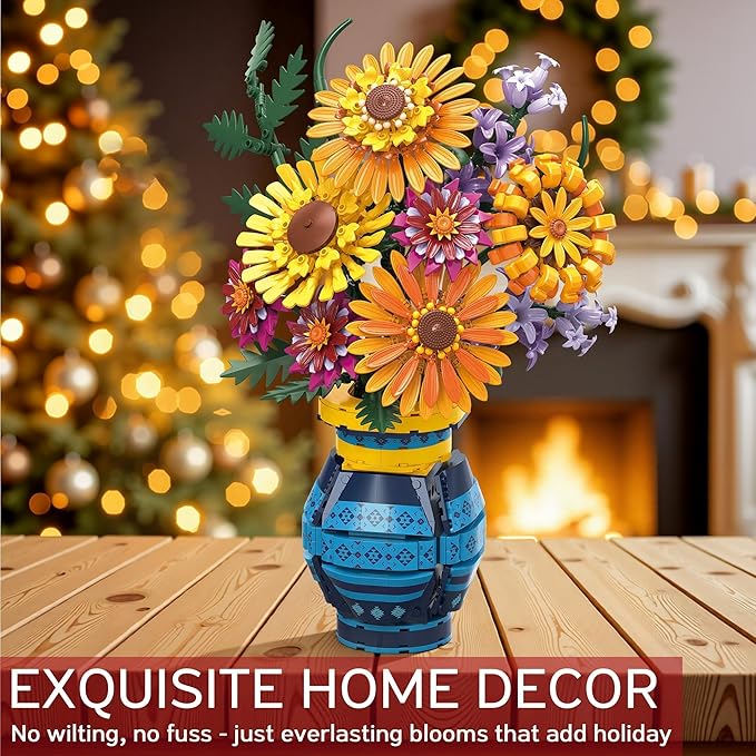 Sunflower Bouquet Building Blocks with Vase Set, 1065 PCS Botanical Collection Christmas Birthday Gifts for Adults Women Men Teen Girls, Artificial Flower Home Decor Gifts for Her Him Mom Wife Grandma