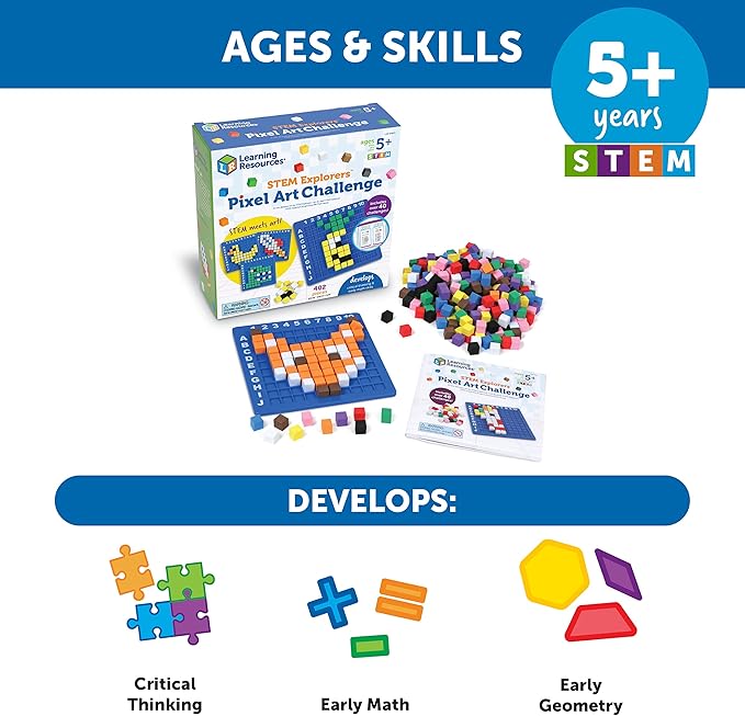 Learning Resources STEM Explorers Pixel Art Challenge - Math Puzzles, Pattern Blocks, Sensory Bin, Arts and Crafts, Math Manipulatives, Building Toys, Montessori