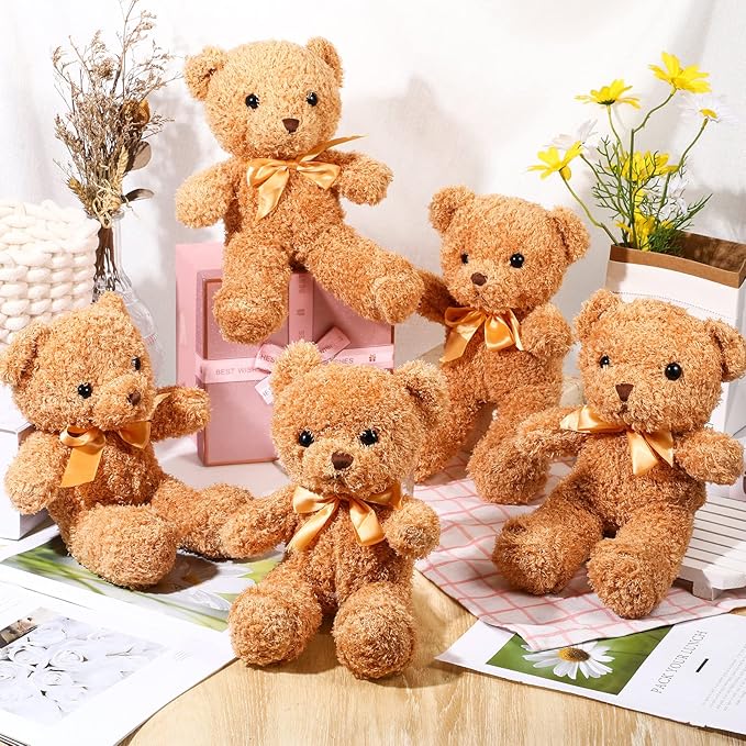 HyDren 12 Pack 12 Inch Stuffed Bear Animal Cute Bulk Plush Toys with Ribbon Bow Ties Soft Bears for Baby Shower Birthday Party Favors(Light Brown)
