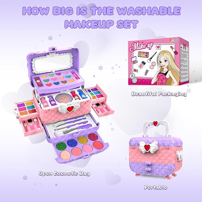 54 Pcs Kids Makeup Kit for Girls, Princess Real Washable Pretend Play Cosmetic Set Toys with Mirror, Birthday Gifts for 3 4 5 6 7 8 9 10+Years Old Girls Kids (Light Purple)