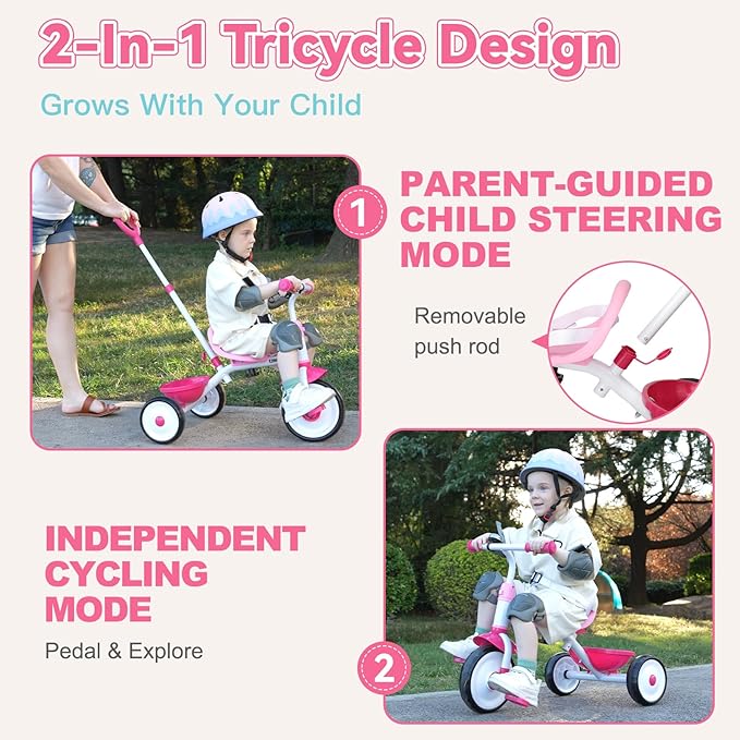 Liberry 2 in 1 Toddler Tricycle Age 2 3 4 Years Old, Kids Trike with Adjustable Push Handle, Bell & Basket, 3 Wheel Bike Riding Toy Birthday for Girls Boys, Pink