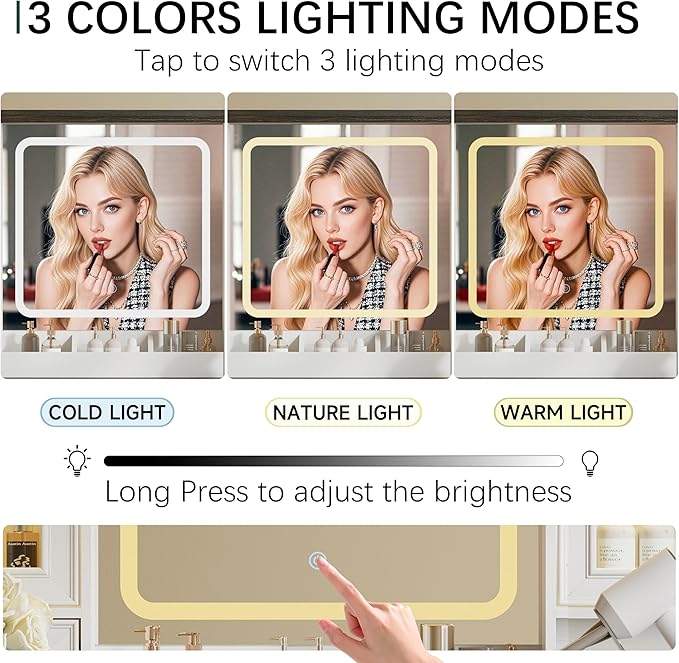 43'' Makeup Vanity with Mirror and Lights, Farmhouse Vanity Desk with Drawers & Charging Station, 3 Lighting Modes & Adjustable Brightness, Glass Cabinet, Dressing Table for Bedroom, White