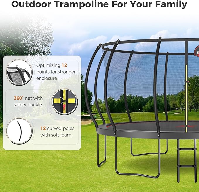 Tatub Large Trampolines Outdoor 10 12 14 15 16FT for Kids and Adults,Outdoor Recreational Pumpkin Trampolines with Curved Poles and Safety Enclosure Net, Basketball Hoop, Ladder