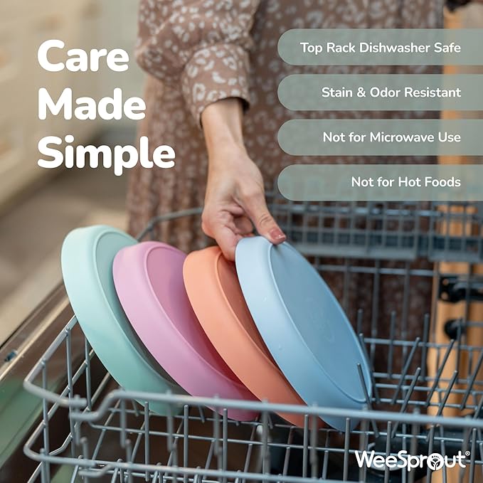 WeeSprout Bamboo Plates, Set of 4, Kid-Sized Dinnerware, Dishwasher Safe Melamine Dishware (Pastel Blue, Mint, Purple & Pink, Without Lids)