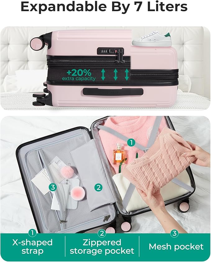 BAGSMART Carry On Luggage 22x14x9 Airline Approved with Spinner Wheels,100% PC Hardside Expandable Luggage with TSA Lock for Trips, 20 Inch Rolling Suitcases for Men Women,BlackPink