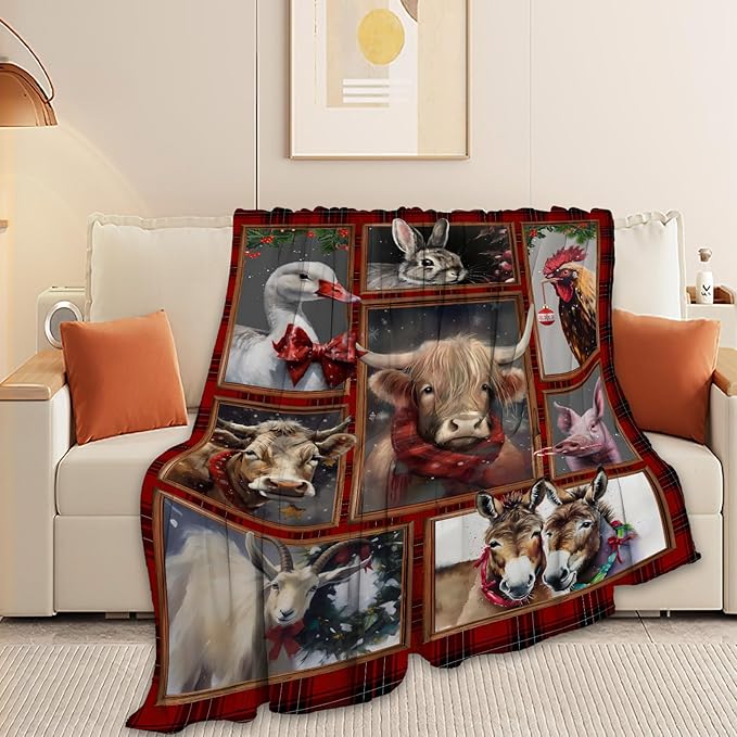 Christmas Blanket Highland Cow Farm Animal Throw Blanket Ultra Soft Cozy Fleece Goat Chicken Goose Duck Pig Donkey Gift Fuzzy Plush Bedding Blankets for Kids Adult Girls Boys Women Men 60"x50"