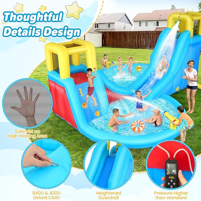 WHUBEFY Inflatable Water Slides for Kids - Blow Up Water Park with Climbing Wall, Water Gun, 2 Pool Slides