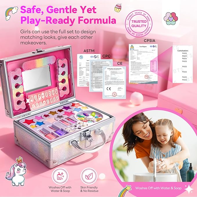 SAVILAND Kids Makeup Kit 32 Pcs: Toxic-Free Washable Makeup For Kids 5-12 Portable Real Toddler Kit with Eyeshadow Lip Gloss Cosmetic Case Birthday Christmas Gifts for Girls