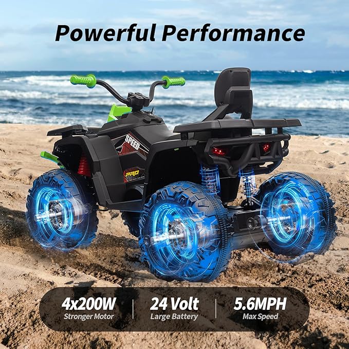 Kids ATV 4 Wheeler, 24V 4WD Electric ATV Ride On Toy for Big Kid with 2-Seater, 4x200W Motor - Green