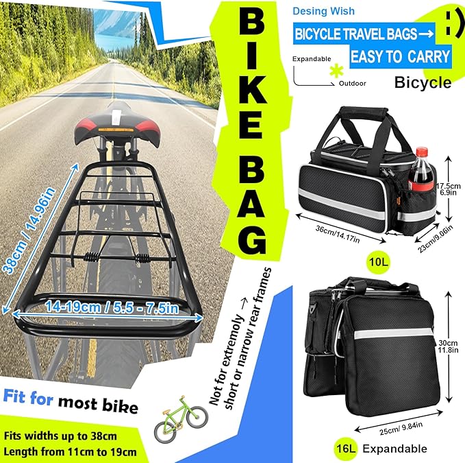 Desing Wish 16L Bike Bags for Bicycle Rear Rack Large Capacity Insulated Bicycle Rack Pouch Ebike Pannier Bag Bike Saddle Seat Pouch for Cycling Trip/Commuter (Black)