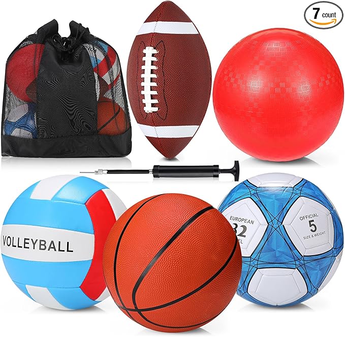 Jenaai 5 Set of Sport Balls, Assorted Official Size Athletic Balls Include Basketball Football Soccer Volleyball Playground Ball with Bags and Pumps, Sports Balls Pack for Kids Toys Gift