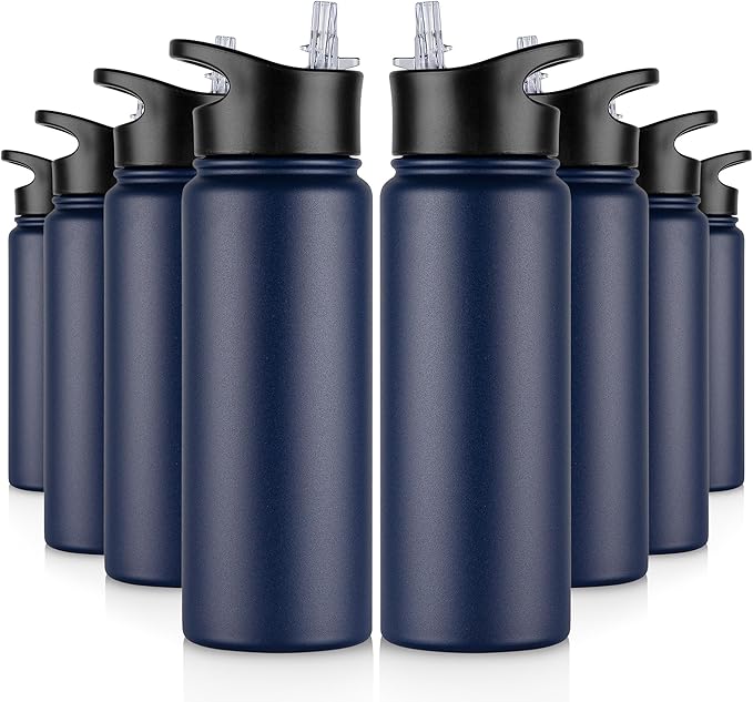 24 oz Insulated Water Bottle Bulk 8 Pack, Stainless Steel Sports Water Bottles with Straw Lid & Wide Mouth Lids, Double Walled Vacuum, Leak Proof, Navy Blue