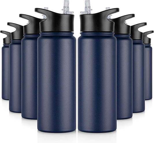 24 oz Insulated Water Bottle Bulk 8 Pack, Stainless Steel Sports Water Bottles with Straw Lid & Wide Mouth Lids, Double Walled Vacuum, Leak Proof, Navy Blue