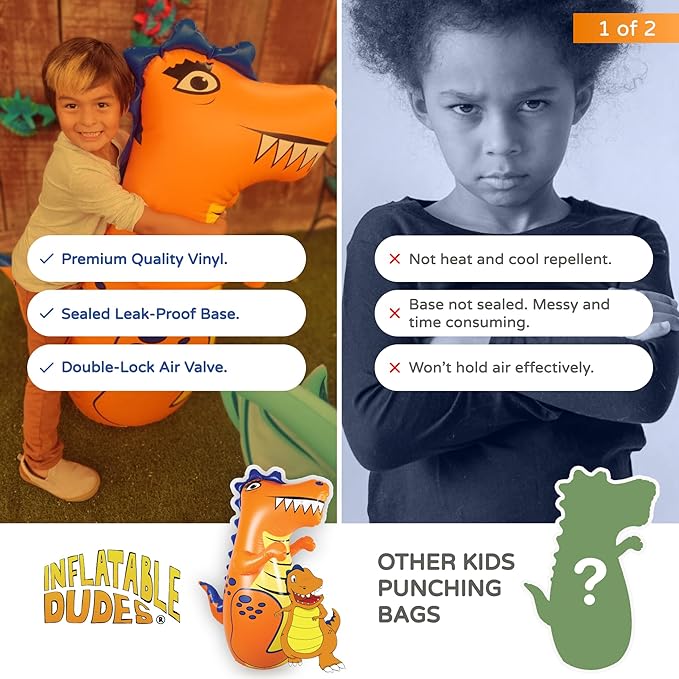 INFLATABLE DUDES Dinosaur -Kids Punching Bag | Already Filled with Sand| Bop Bag | Premium Inflatable Toy | Punching Bag for Kids | Enhanced Bounce-Back Action! | Indoor Outdoor - Party Games
