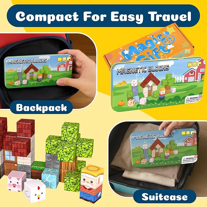 OAR Magnetic Blocks Farm Toys – Educational Magnetic Tiles & Building Set for Kids, Toddler Travel Toys with Portable Iron Box, STEM Birthday Gift for Boys, Girls & Toddlers Ages 3–8 Years Old
