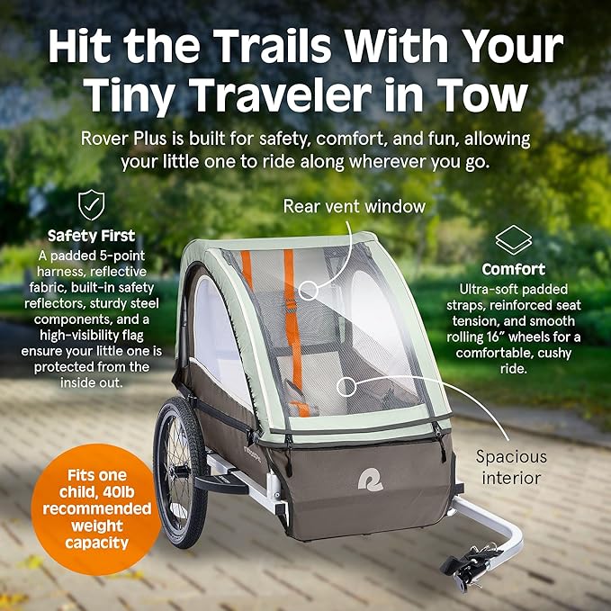 Retrospec Rover Plus Foldable Bike Trailer for Kids, Single/Double Passenger Child Bike Trailer with 5-Point Safety Harness, Reflective, Weather-Resistant Fabric and Safety Flag - Supports 40-80 lbs