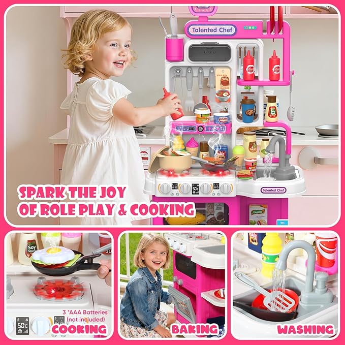 Kids Kitchen Playset, 36.22'' Play Kitchen for Toddlers 1-3 with Steam, Sound & Light, Cooking Stove, Play Sink, Oven and Toy Kitchen Accessories, Kitchen Set for Toddlers Girls 3 4 5 (Pink)