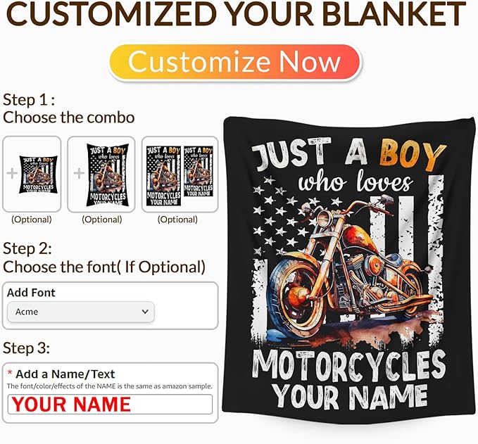 Personalized Motorcycle Gifts for Boys Men, 50x60 Inches Cool Throw Blanket for Kids Teens Motorbike Lovers Motorcycle Riders, Custom Black Soft Blankets for Couch Sofa Bed Travel