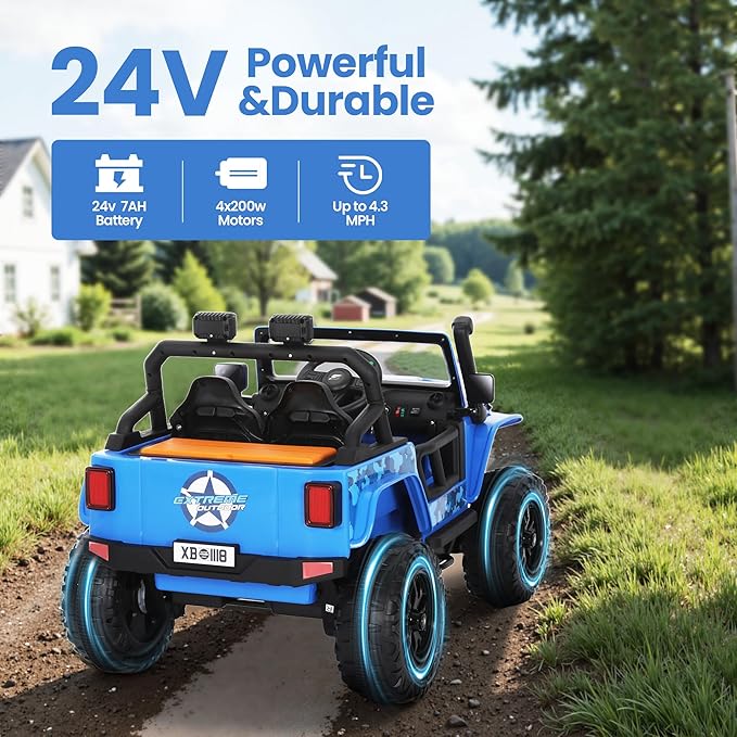 24V 4WD Ride on Jeep for Kids, Electric Ride on Car with Remote Control, LED Lights, Bluetooth Music, Off-Road Power Wheels, Toy Gift for Boys & Girls Ages 3+, Blue