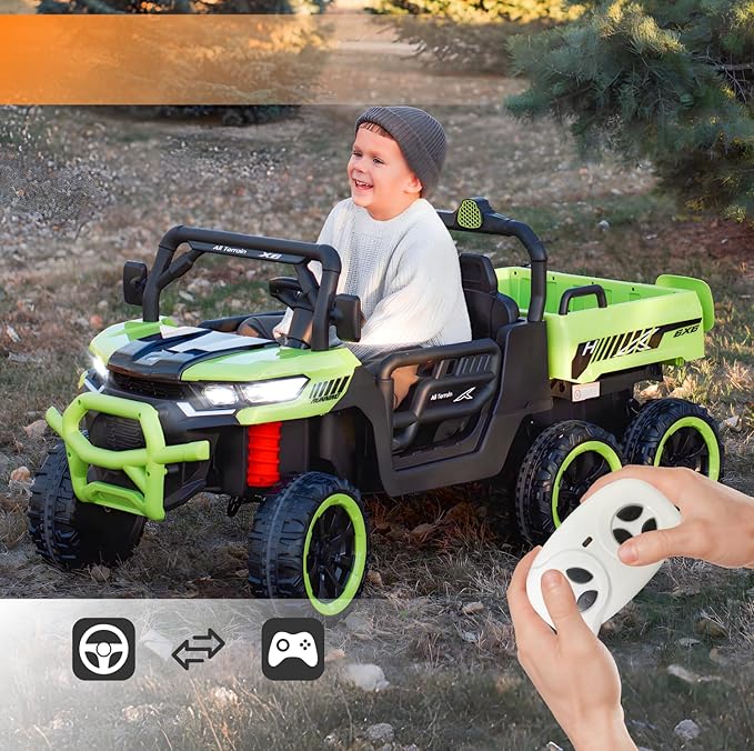 24V UTV 2 Seater Dump Truck with Remote Control, Electric Dump Bed, 4WD Power Ride on Truck Cars 6x6 Wheels, Music, Storage Trunk, Shovel for Kids-Green