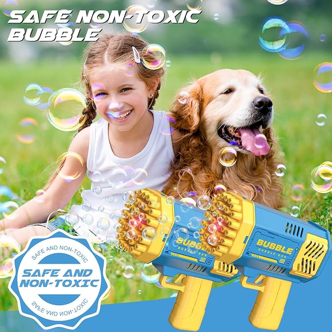 Dolanus Bubble Gun 2 Pack with 2 Bottles Bubble Solution, 40-Hole Light Up Dip Bubble Machine for Kids, Bubble Toy for 3 4 5 6 7 8 Years Old Boys Outdoor Indoor Kid Birthday Wedding Party(2*Blue)