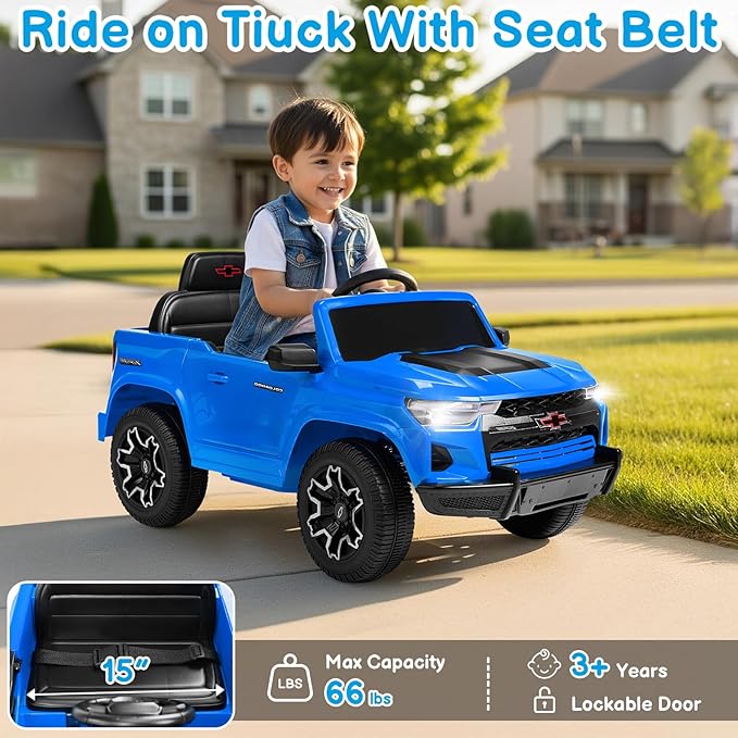Winado Licensed Chevrolet Colorado Electric Car for Kids, 12V Ride on Toys for Toddlers with Remote Control, Battery Powered Electric Car Ride On Vehicle w/Bluetooth, Soft Start, LED Lights - Blue