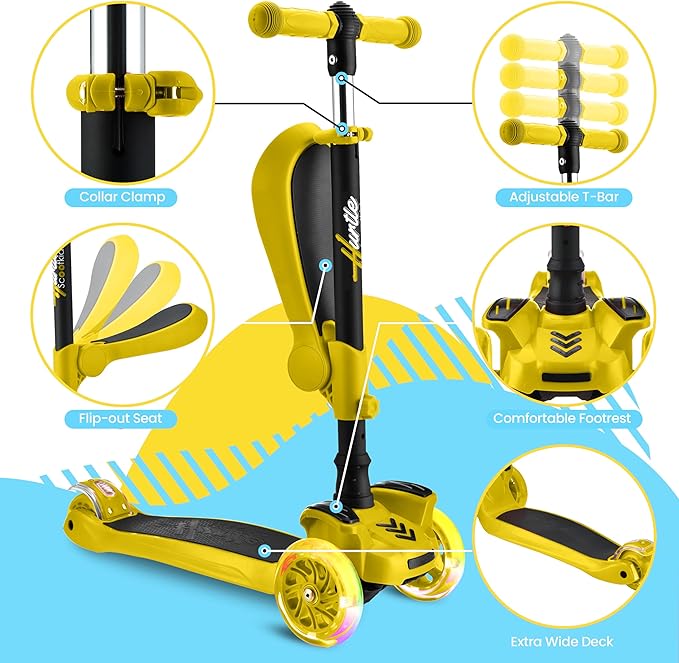 Hurtle 3-Wheeled Scooter for Kids - Wheel LED Lights, Adjustable Lean-to-Steer Handlebar, and Foldable Seat - Sit or Stand Ride with Brake for Boys and Girls Ages 1-14 Years Old