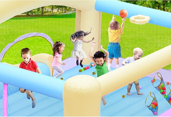 Large Bounce House for Big Kids, 14.8 x 14.5 FT Inflatable Bouncer Jumper Slide with 650W Blower, Basketball Hoop, Throw Ball Game, Ball Pits Yellow