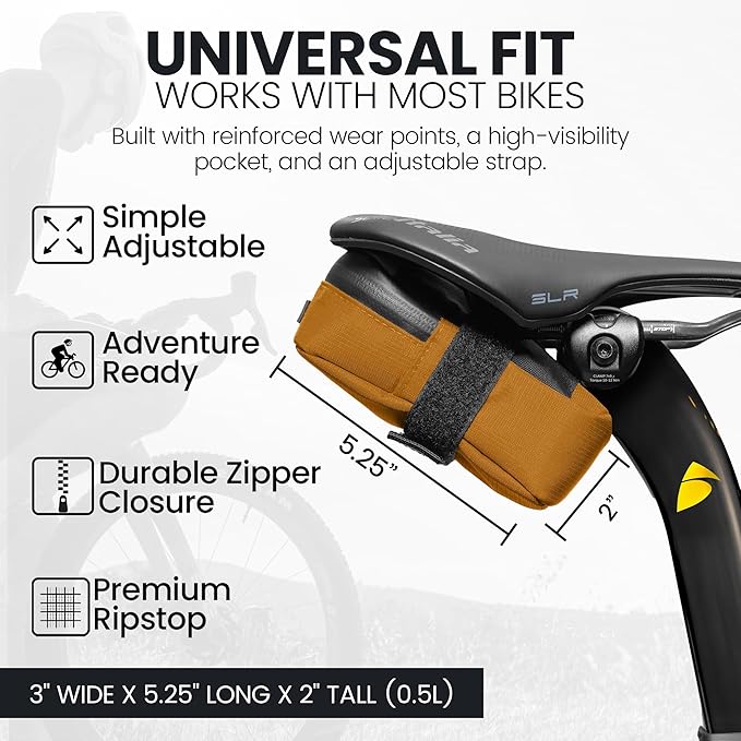 Signature Bike Saddle Bag – California Gold | 0.5L Bike Seat Bag (3" x 5.25" x 2") | Water-Resistant Ripstop, Waterproof Zipper, Internal Pocket | Durable Under Seat Storage