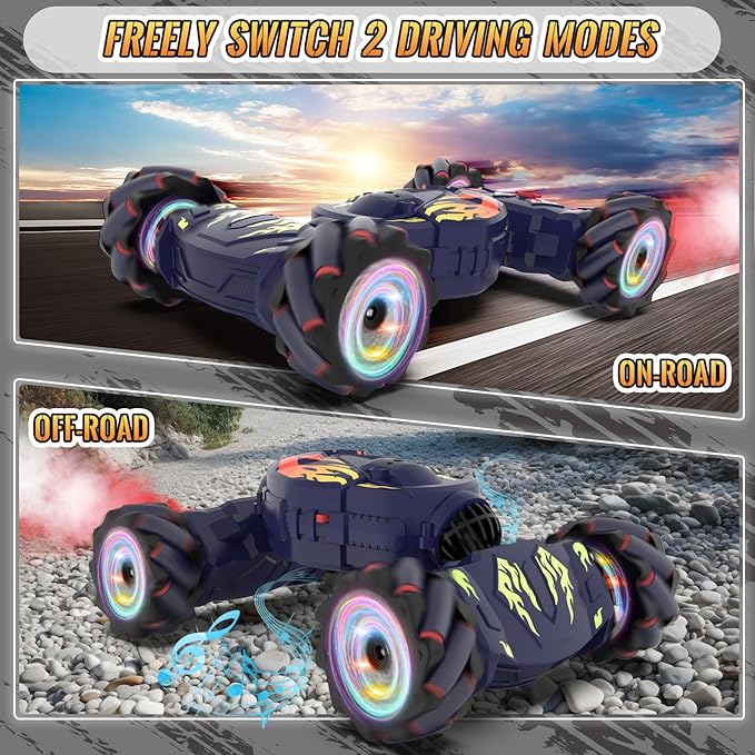 Pristar RC Cars, Gesture Sensing RC Stunt Car Toys for Boys Girls 6-12, 2.4Ghz 4WD Remote Stunt Car with Spray Lights Music 360° Rotate Fast Off-Road Transform, Birthday Xmas Gifts for Kids Age 6-12