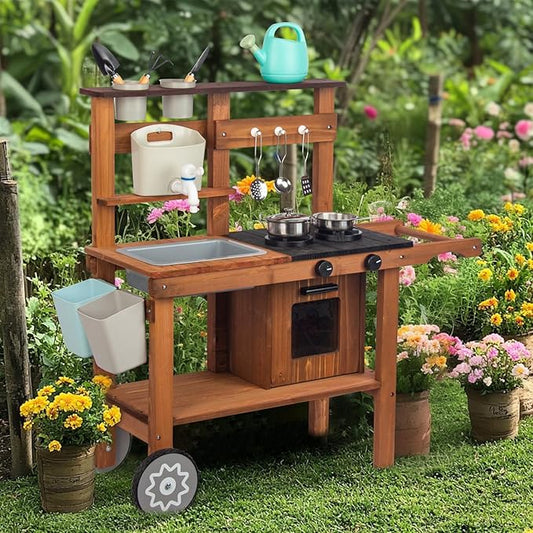 Outdoor Kitchen for Kids,Mud Kitchen Wooden Toy Playset with Wheels, Kettle, Sink, Wooden Plant Container and Kitchen Accessories, for Children Ages 3+ Years