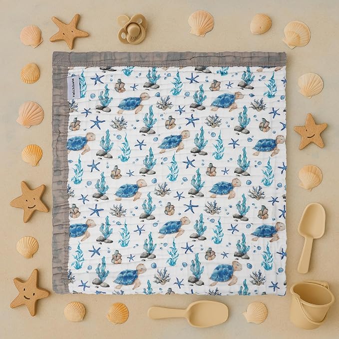 Organic Cotton Muslin Baby Blanket for Boys & Girls - Luxurious Soft Toddler Quilt for Swaddling - Gender Neutral Blanket - Baby and Toddler Gift - Sea Turtle