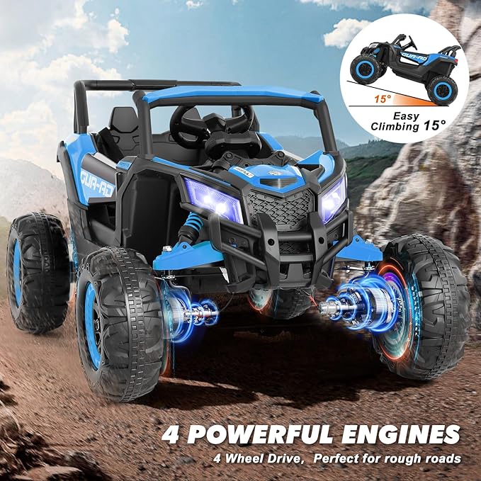 JOYLDIAS 4WD Ride On Car, 12V Battery Powered Electric Off-Road UTV for Kids, 4X4 Electric Vehicle with 4 Powerful Engines, 2.4G Remote Control, Music, Bluetooth, LED Lights for Boys and Girls, Blue
