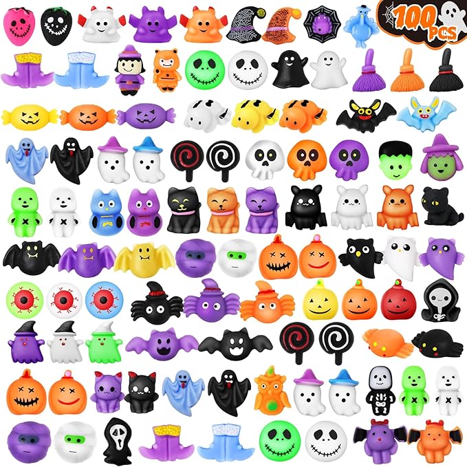 OCHIDO 100 PCS Halloween Party Favors, Halloween Squishy Toys, Mini Stress Relief Toys in Bulk, Halloween Gifts for kids, Goodie Bags Stuffers Trick or Treat Toys Classroom Prizes