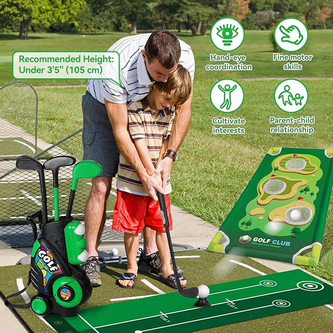 Liberry Toddler Golf Set for Age 2 3 4 5 Boys Girls, Upgraded Kids Golf Cart with Putting Mat & Cornhole Board, Outdoor Indoor Sports Toys for Birthday, Black