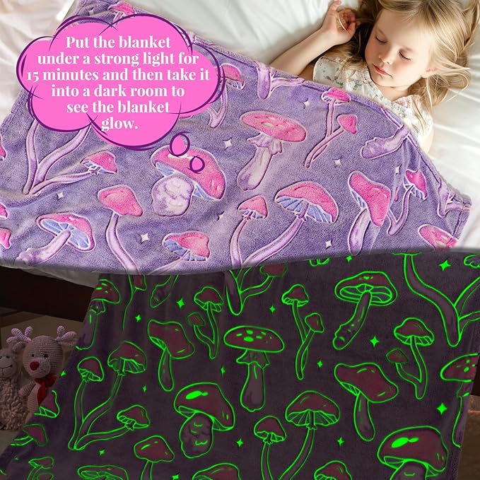 Twin Size Mushroom Blanket Glow in The Dark - Soft Fuzzy Purple Fleece Throw Cottagecore Bedding for Women Teens, Couch Sofa Home Decor 60x80inches