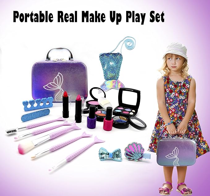 Kids Makeup Set for Girls - Non Toxic Washable Mermaid Makeup Kit, Little Mermaid Toys for Girl 5-7, 8-12，Princess Dress up Beauty Vanity Set，Ideal Party Gifts for Halloween Christmas and Birthday