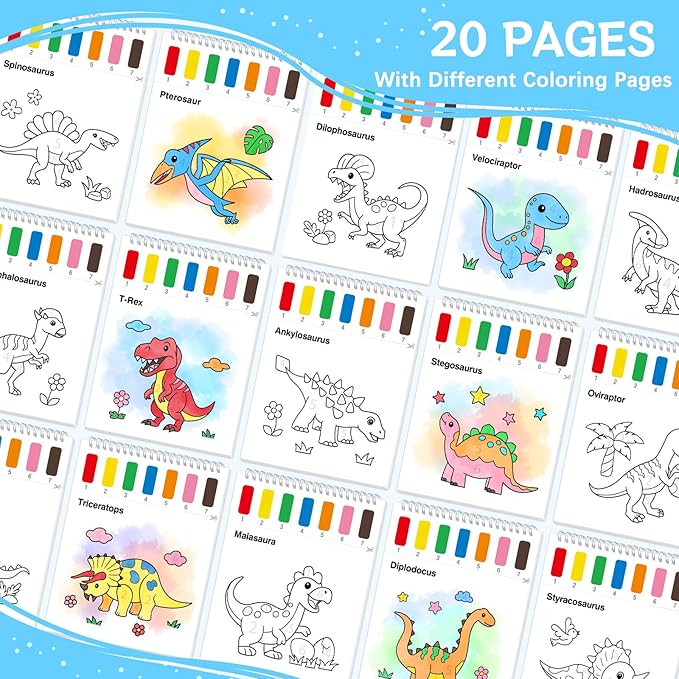 Paint with Water Coloring Books for Toddlers, Dinosaurs Theme Mess Free Watercolor Painting Papers for Kids Water Color Paint Kit Art Craft Birthday Gift for Ages 1-3, 4-8