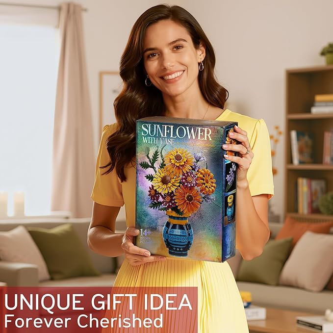 Sunflower Bouquet Building Blocks with Vase Set, 1065 PCS Botanical Collection Christmas Birthday Gifts for Adults Women Men Teen Girls, Artificial Flower Home Decor Gifts for Her Him Mom Wife Grandma