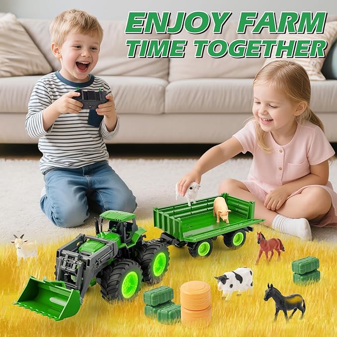 Remote Control Tractor Toy, Kids RC Tractor Set with Truck & Trailer and Light/Loading/8 Wheel, 2.4 Ghz RC Farm Vehicle Toys, Animal Farm Kids Toy for 3 4 5 6 7 8 9 Year Old Boys Girls Birthday Gift