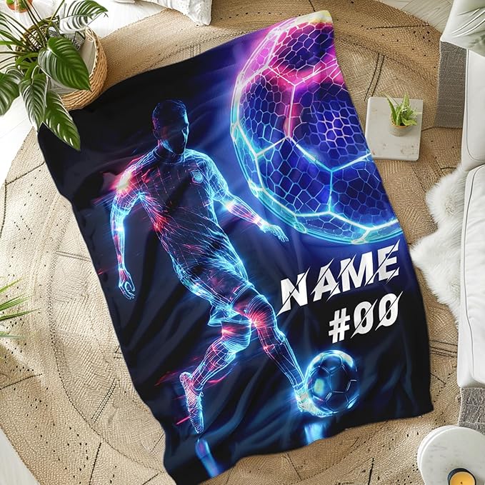 Personalized Soccer Blanket, Gifts for Soccer Lover, Cool 80 x 60 Inches Soft Cozy Throws, Gifts for Boy Men, Soft Warm Fuzzy Throw Blankets for Bed, Living Room, Home Decor