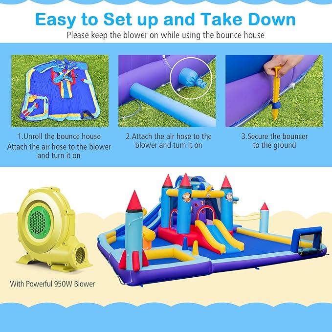 BOUNTECH Inflatable Water Slide, 10-in-1 Water Park Jump Castle for Big Kids 5-12, Water Slides Inflatables w/Huge Splash Pool, Football Gate, Water Bounce House for Kids Outdoor Backyard Party Gifts
