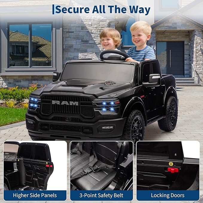 24V Ride on Car Licensed RAM 2500, 2 Seater Ride on Car for Kids w/Remote Control, Toddler Electric Car w/Truck Bed, 3 Speed, LED Lights, Bluetooth, Suspension, Gifts for Boys Girls, Black