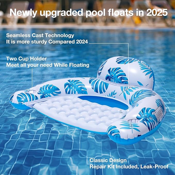 [2025 New Upgraded] Pool Floats for Adult -Floating Lounge Chairs,Inflatable Pool Floats with Cup Holders 2 Repair Patch Suit for Swimming Pools, Beach, Pool Toys,Backyard Party,Lakes（2 Packs